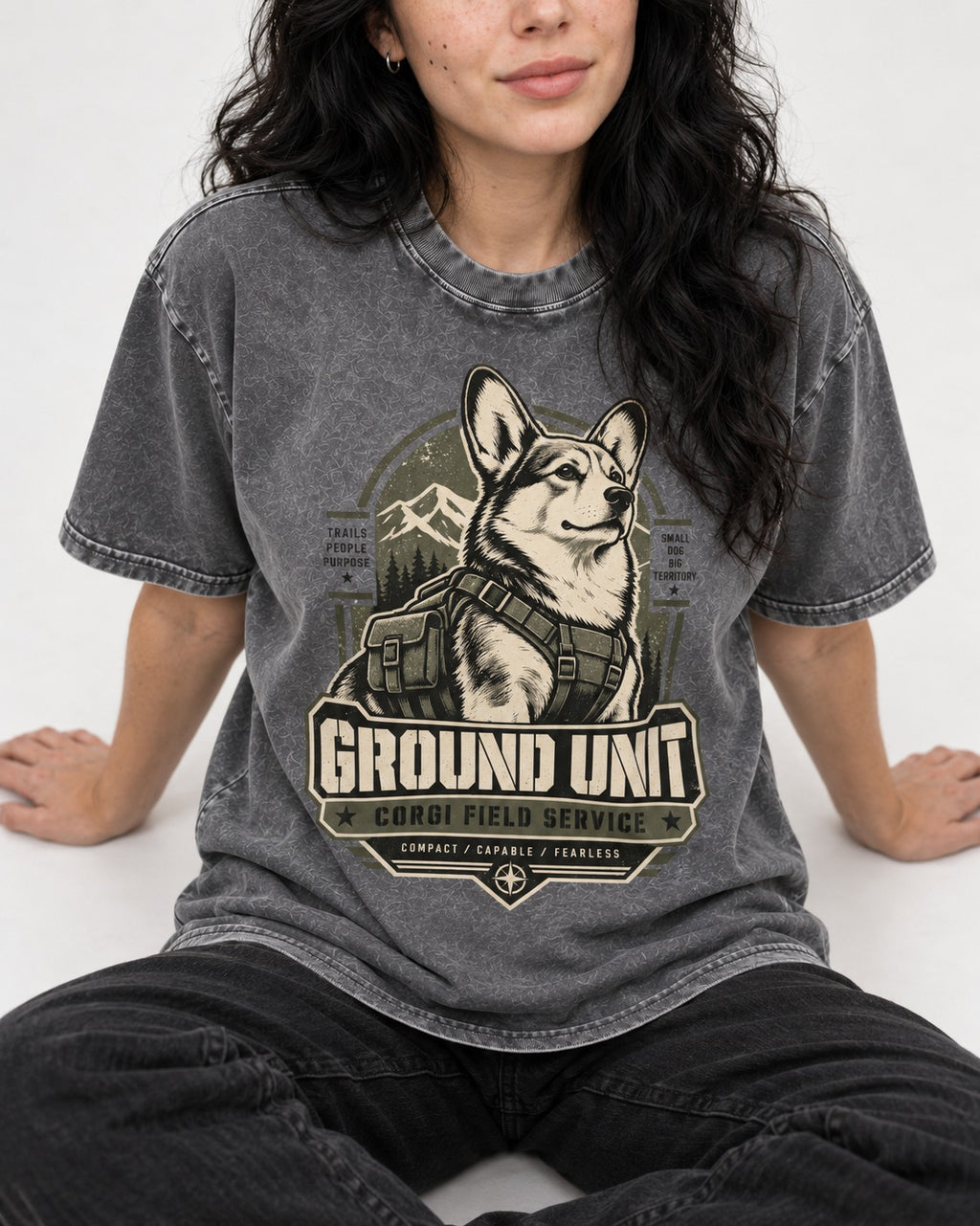 Corgi Ground Unit Field Service Badge Washed Tee in Gray, worn by a seated model