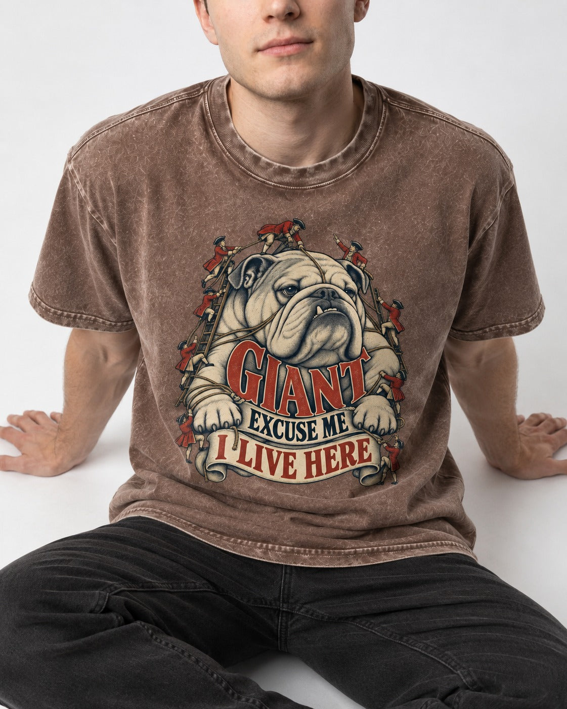 English Bulldog I Live Here Washed Tee in Coffee, worn by a seated model