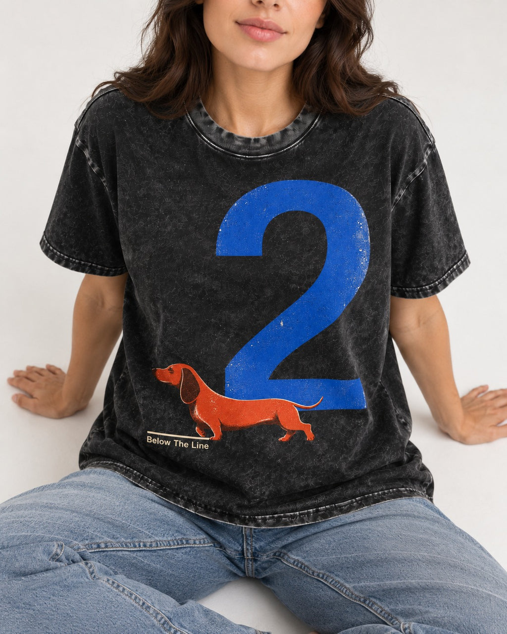 Dachshund Below The Line Number Two Graphic Washed Tee in Black, worn by a seated model