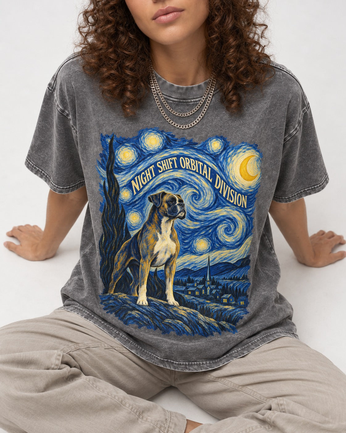 Night Shift Orbital Division Boxer Night Sky Graphic Washed Tee in Gray, worn by a seated model