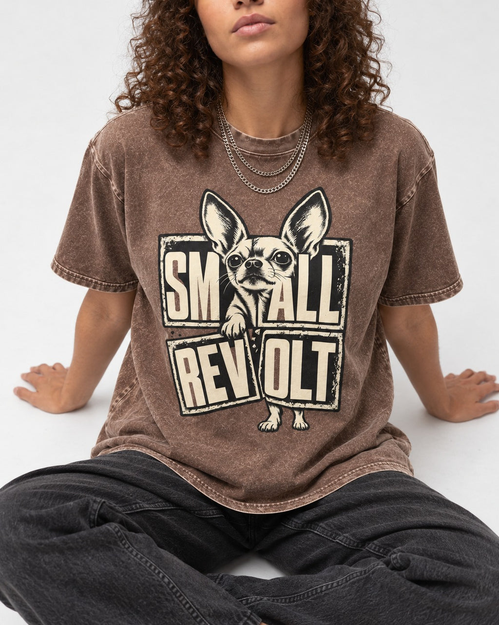 Chihuahua Small Revolt Broken Grid Graphic Washed Tee in Coffee, worn by a seated model