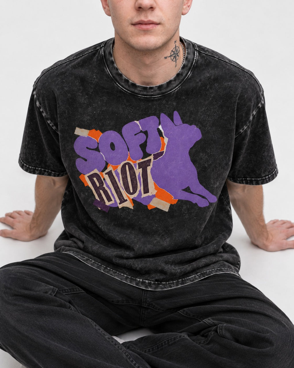 Soft Riot Boston Terrier Graphic Washed Tee in Black, worn by a seated model