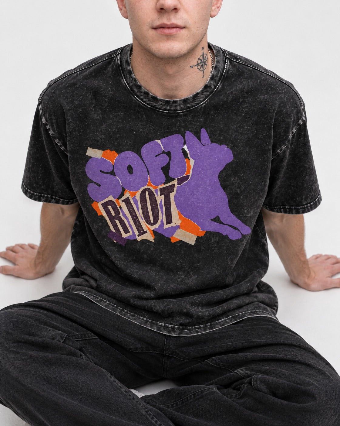 Soft Riot Boston Terrier Graphic Washed Tee in Black, worn by a seated model