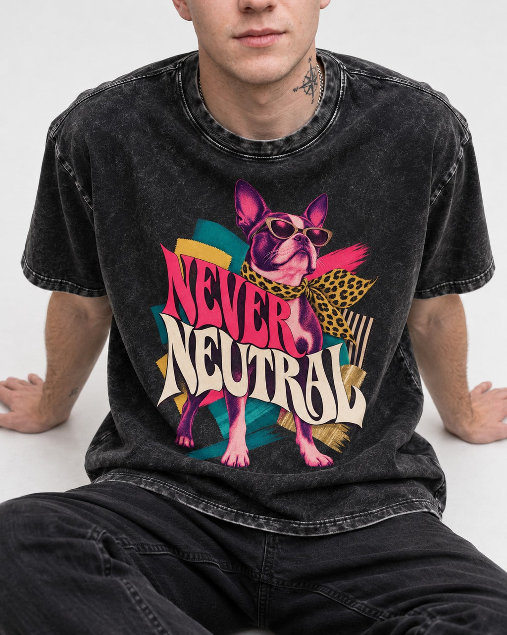 Boston Terrier Never Neutral Fashion Collage Graphic Washed Tee in Black, worn by a seated model