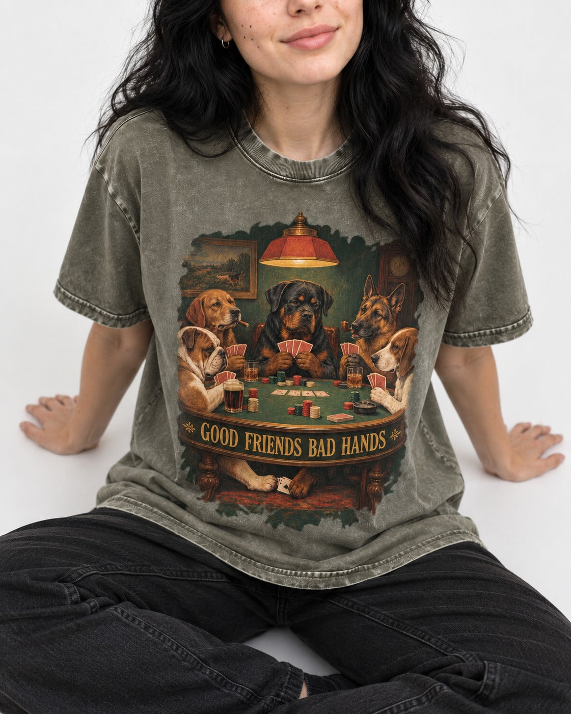 Rottweiler Good Friends Bad Hands Poker Night Graphic Washed Tee in Army Green, worn by a seated model