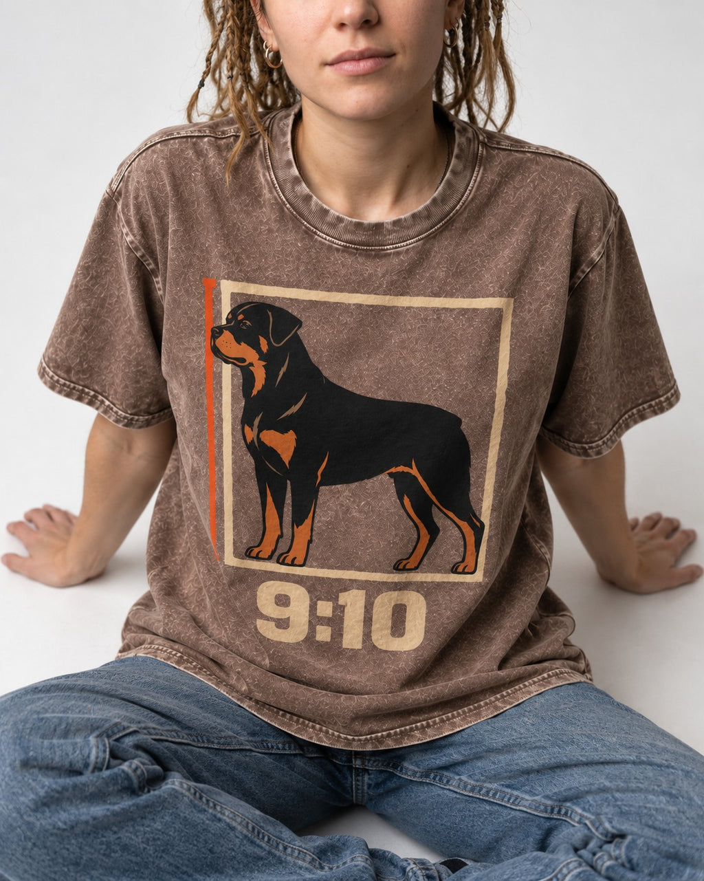 Nine Ten Rottweiler Proportion Frame Graphic Washed Tee in Coffee, worn by a seated model