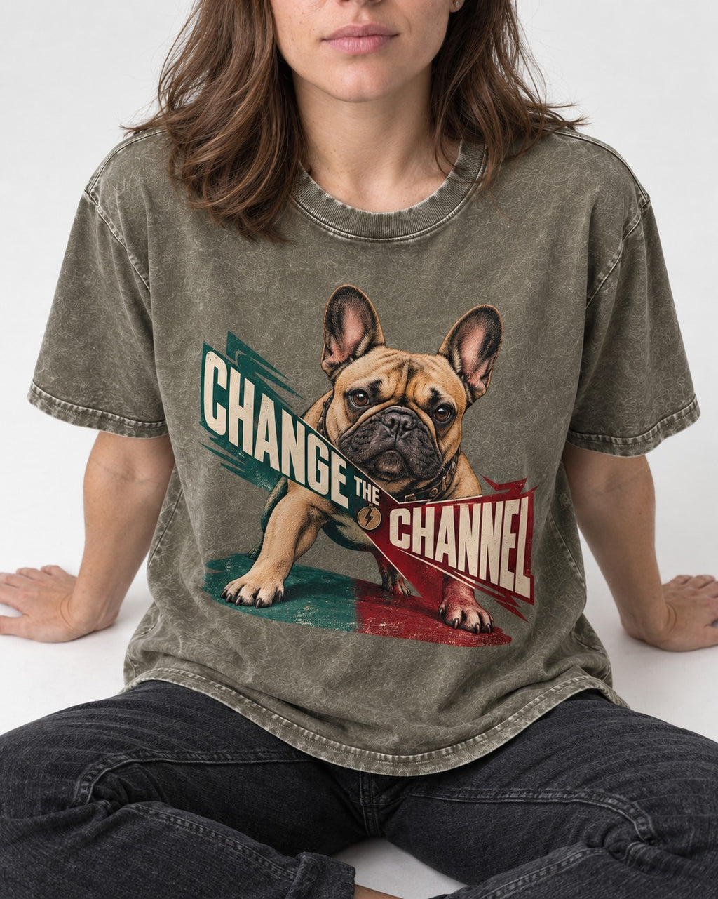 Frenchie Change the Channel Graphic Washed Tee in Army Green, worn by a seated model