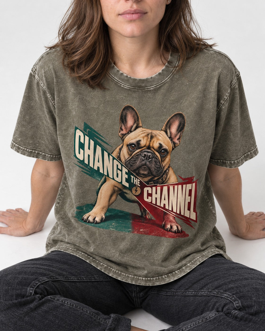 Frenchie Change the Channel Graphic Washed Tee in Army Green, worn by a seated model