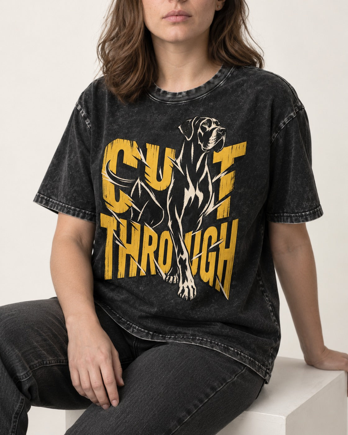 Great Dane Cut Through Breaking Type Graphic Washed Tee in Black, worn by a seated model