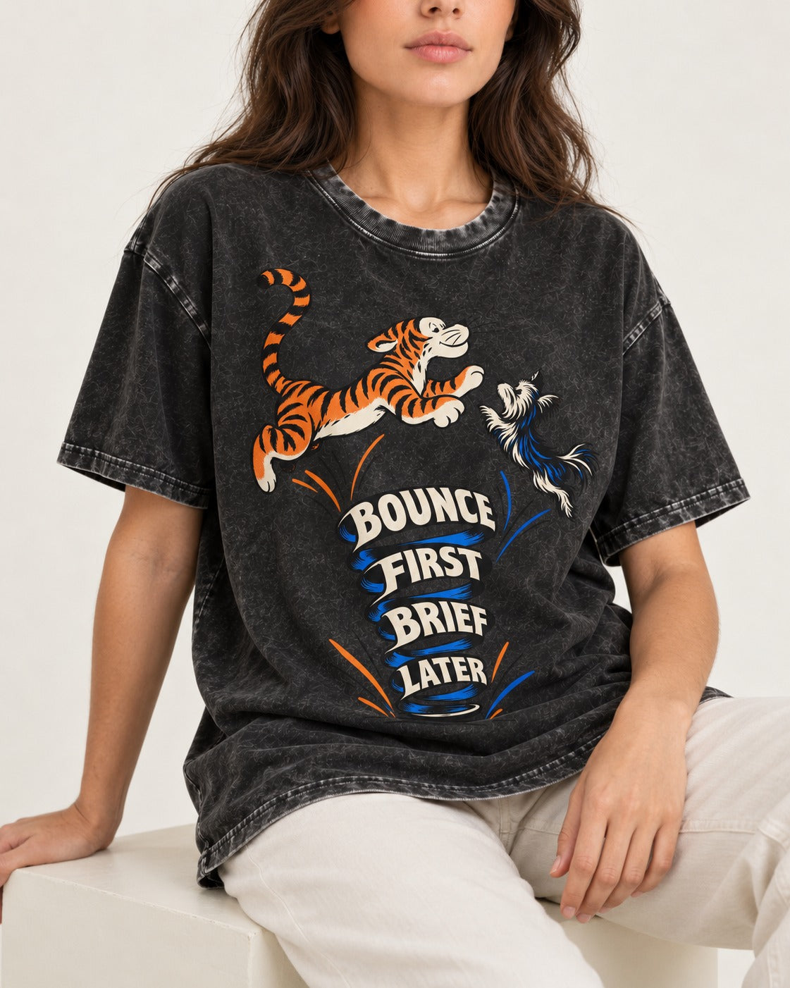 Yorkshire Terrier Bounce First Brief Later Tiger Graphic Washed Tee in Black, worn by a seated model