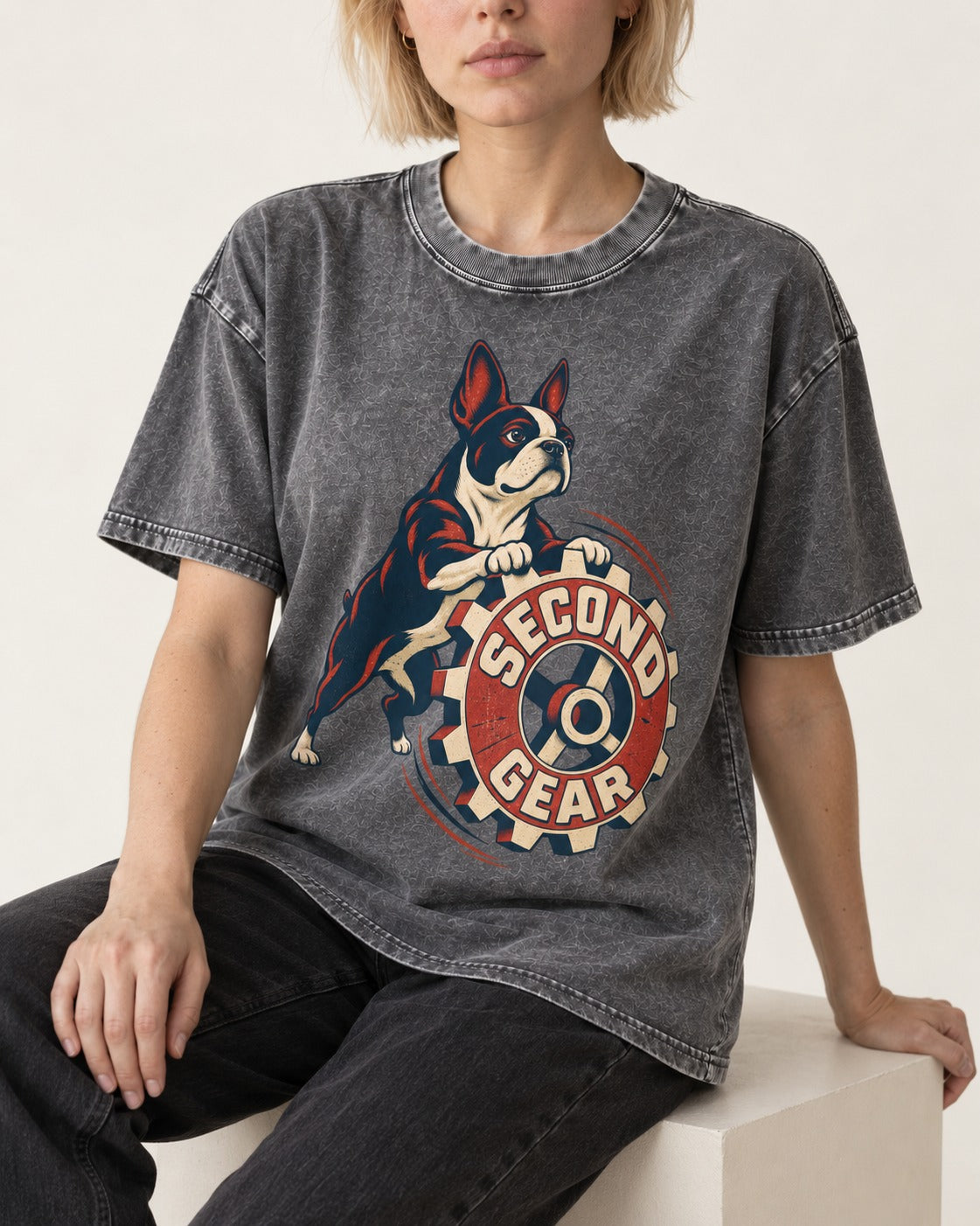 Second Gear Boston Terrier Graphic Washed Tee in Gray, worn by a seated model