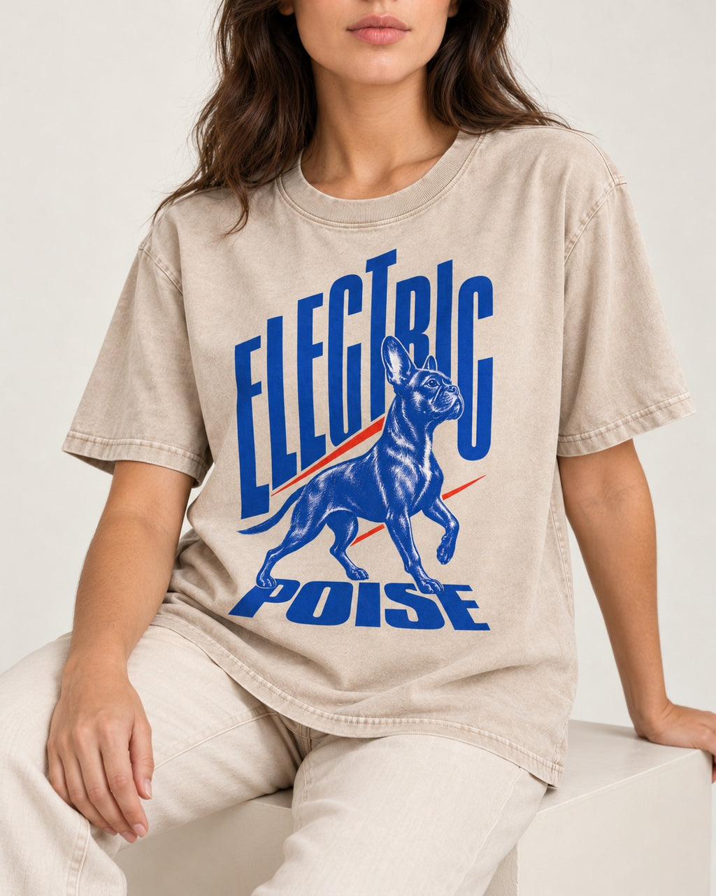 Boston Terrier Electric Poise Washed Tee in Apricot, worn by a seated model