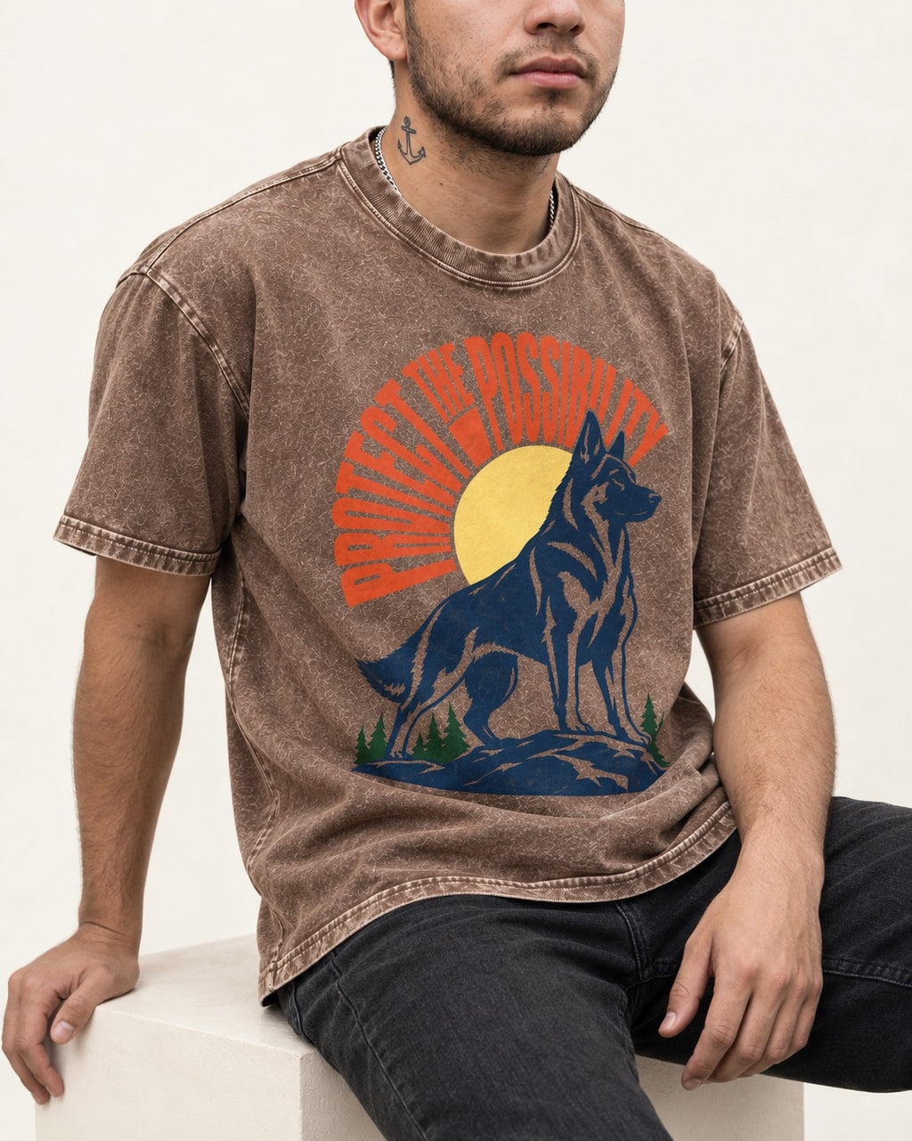 German Shepherd Dog Protect the Possibility Washed Tee in Coffee, worn by a seated model