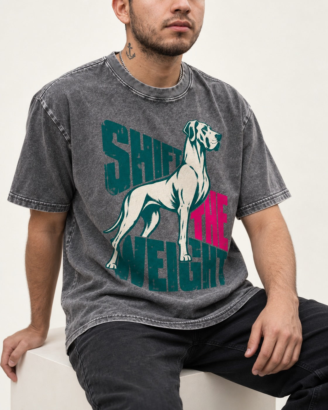 Great Dane Shift the Weight Standing Graphic Washed Tee in Gray, worn by a seated model