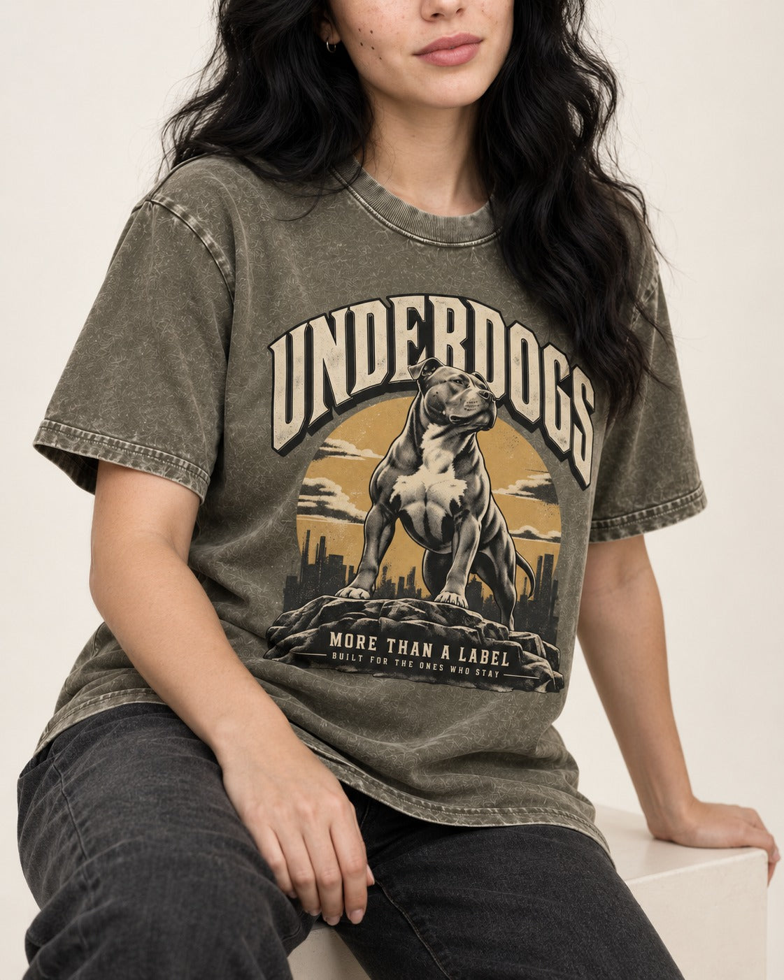 Pitbull Underdogs City Monument Graphic Washed Tee in Army Green, worn by a seated model