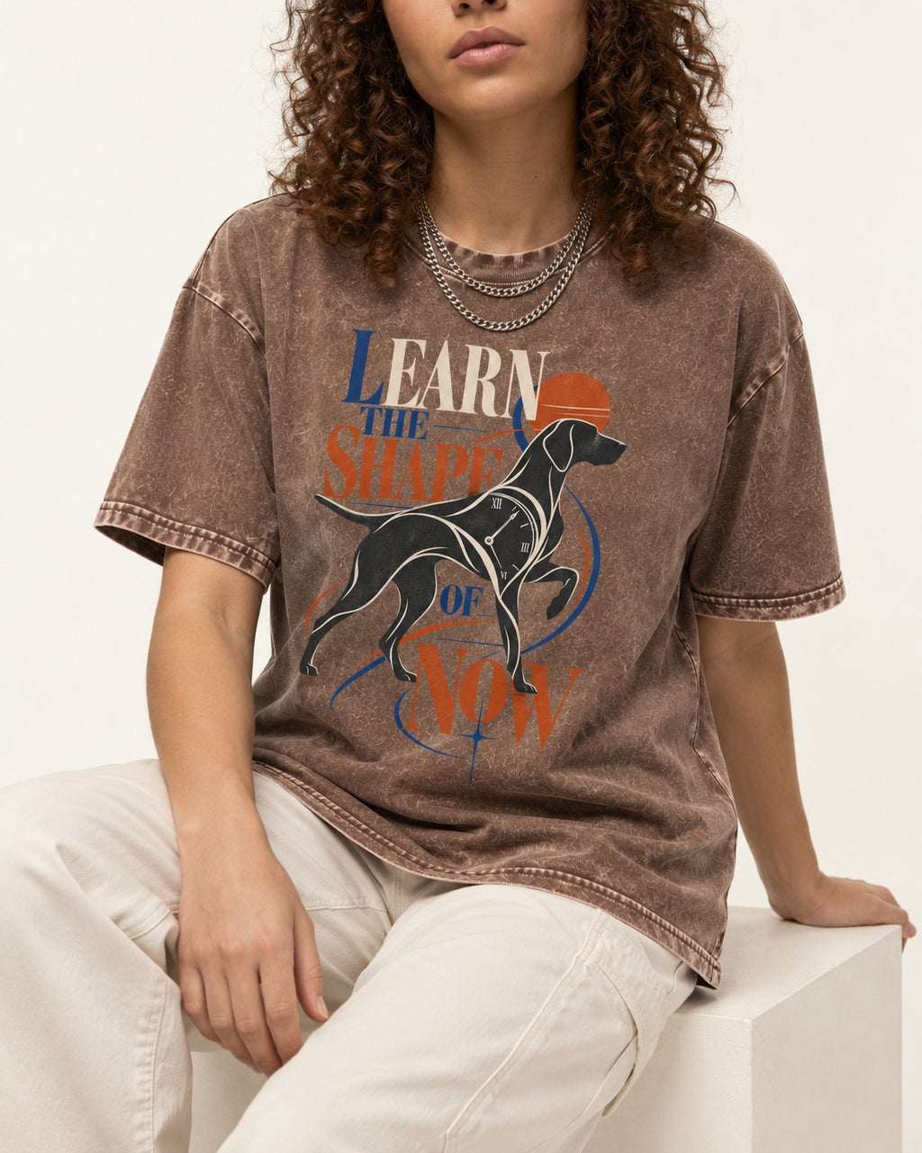 German Shorthaired Pointer Learn the Shape of Now Clock Graphic Washed Tee in Coffee, worn by a seated model