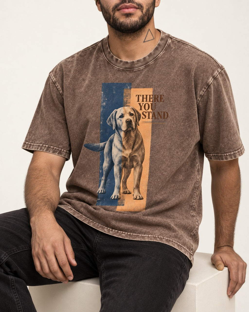 There You Stand Labrador Retriever Washed Tee in Coffee, worn by a seated model