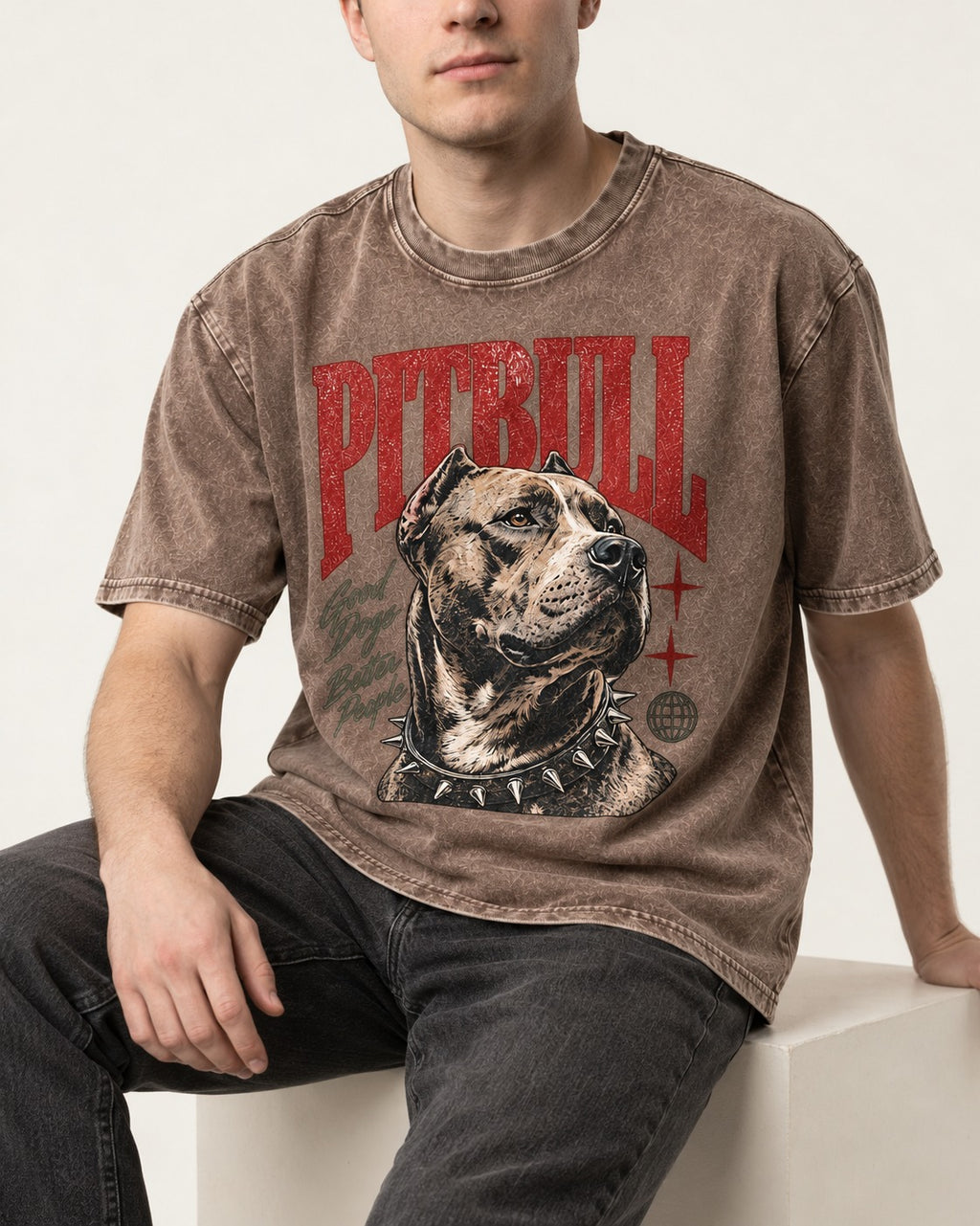 Pitbull Makes Better People Washed Tee in Coffee, worn by a seated model