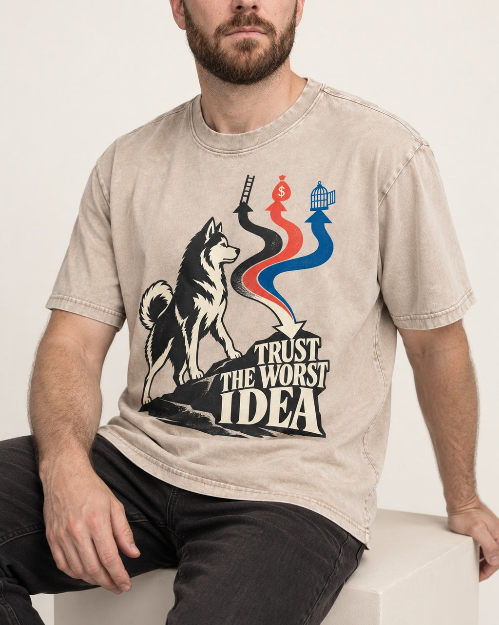 Trust the Worst Husky Idea Washed Tee in Apricot, worn by a seated model