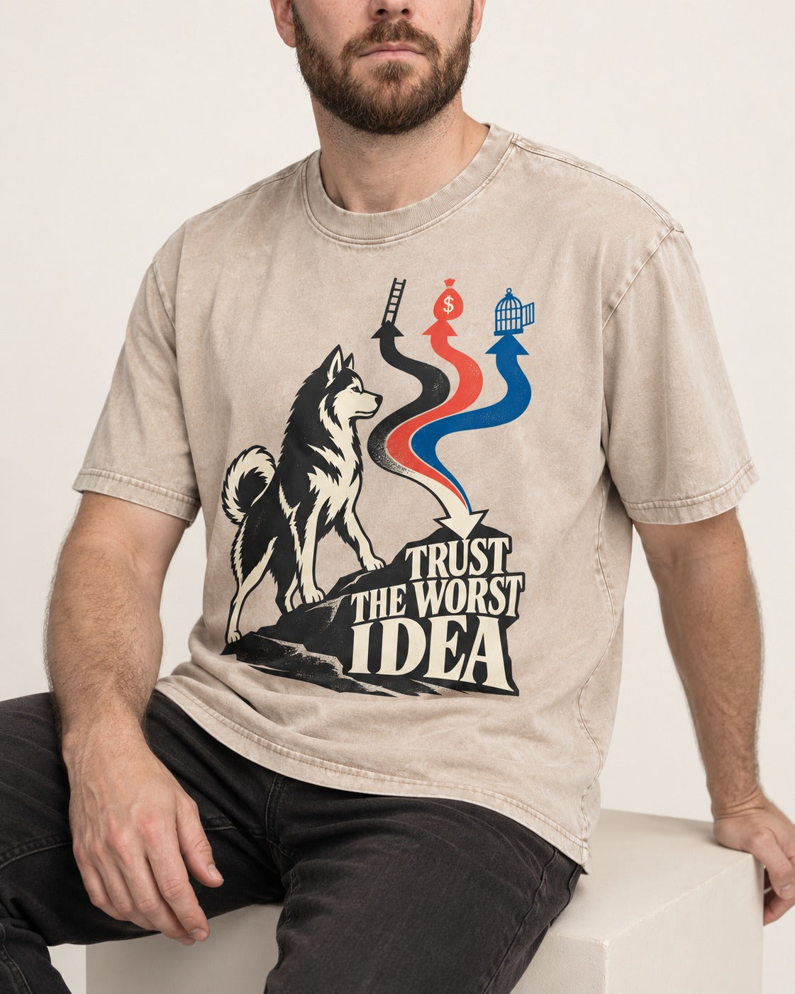 Trust the Worst Husky Idea Washed Tee in Apricot, worn by a seated model
