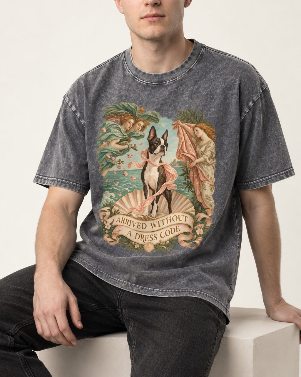 Arrived Without a Dress Code Boston Terrier Venus Parody Washed Tee in Gray, worn by a seated model