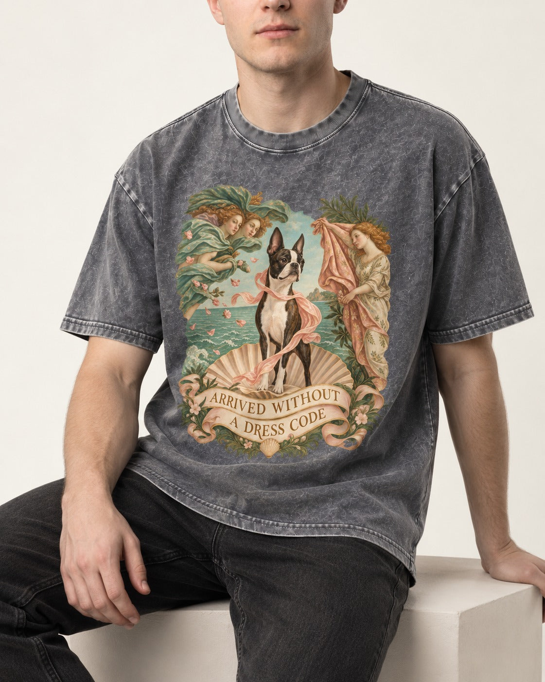 Arrived Without a Dress Code Boston Terrier Venus Parody Washed Tee in Gray, worn by a seated model