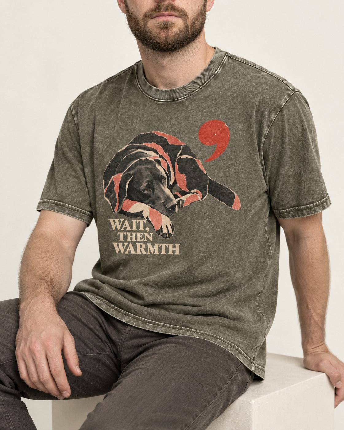 Labrador Retriever Wait Then Warmth Blanket Pause Graphic Washed Tee in Army Green, worn by a seated model