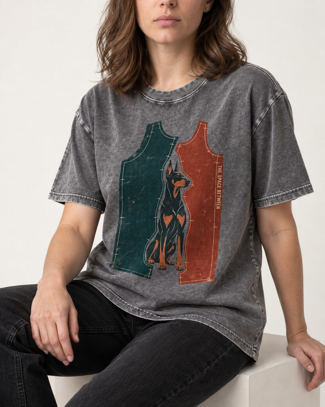 Doberman The Space Between Pattern Pieces Graphic Washed Tee in Gray, worn by a seated model