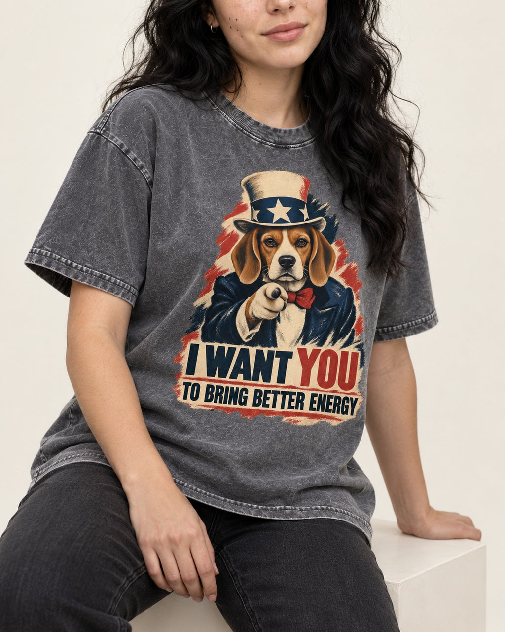 Bring Better Energy Beagle Uncle Sam Washed Tee in Gray, worn by a seated model