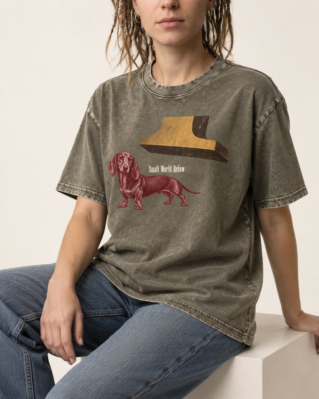 Dachshund Small World Below Giant Shoe Graphic Washed Tee in Army Green, worn by a seated model