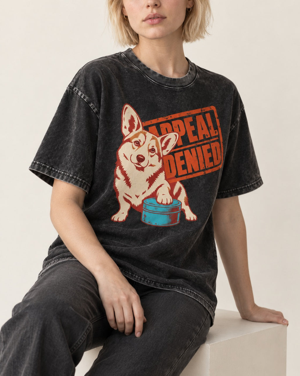 Corgi Appeal Denied Treat Tin Washed Tee in Black, worn by a seated model