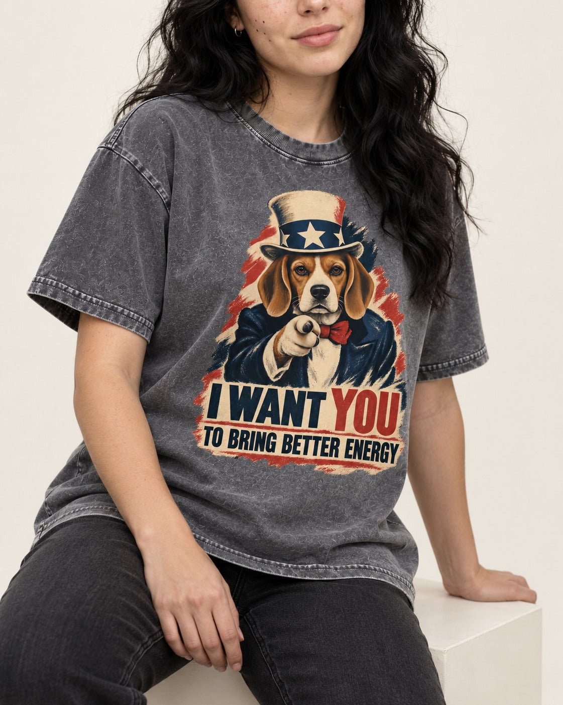 Beagle Wants Better Energy Washed Tee in Gray, worn by a seated model