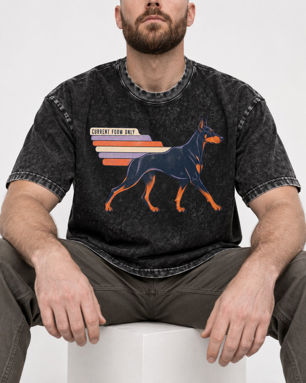 Doberman Current Form Only Speed Bars Graphic Washed Tee in Black, worn by a seated model
