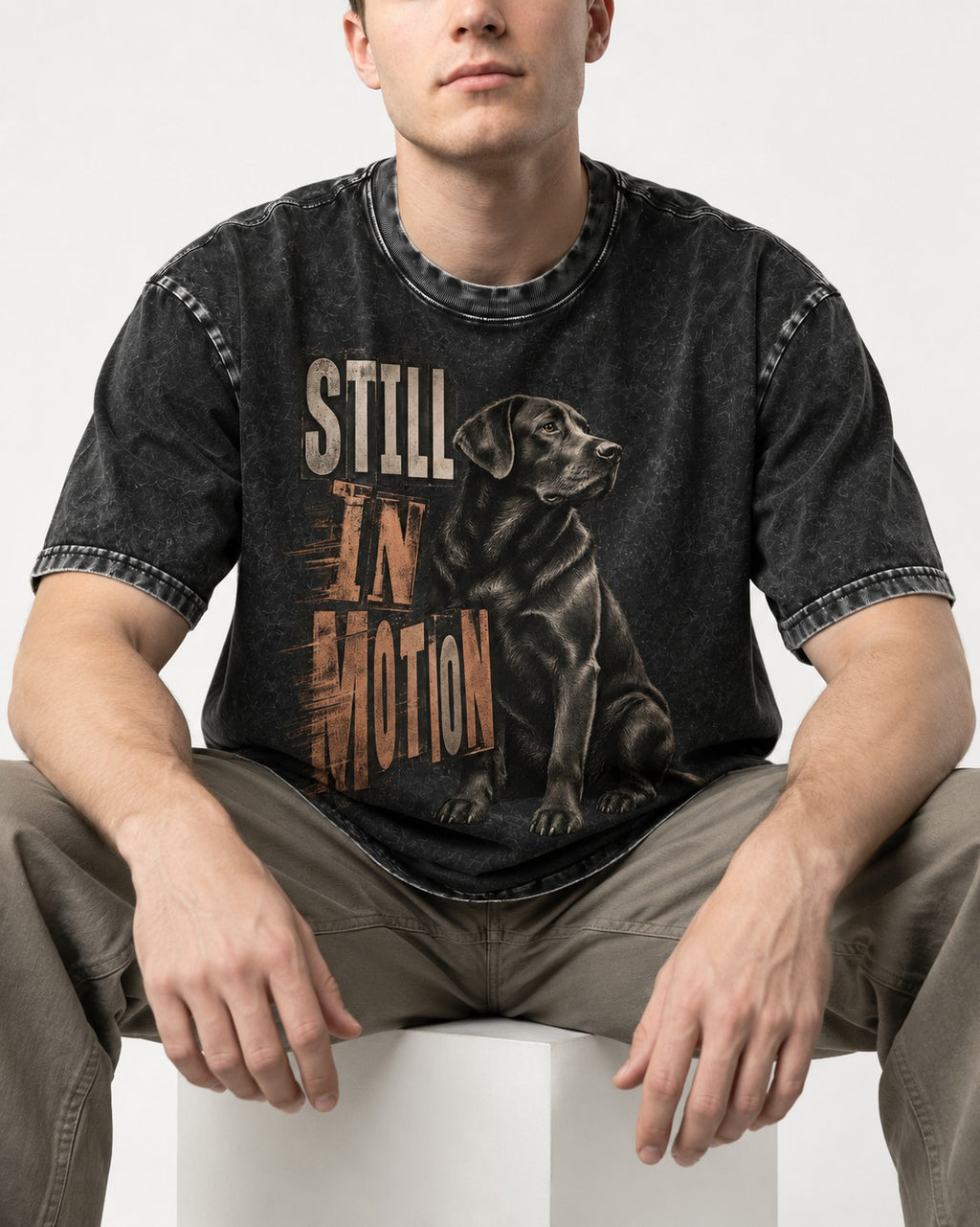 Labrador Retriever Still in Motion Seated Graphic Washed Tee in Black, worn by a seated model