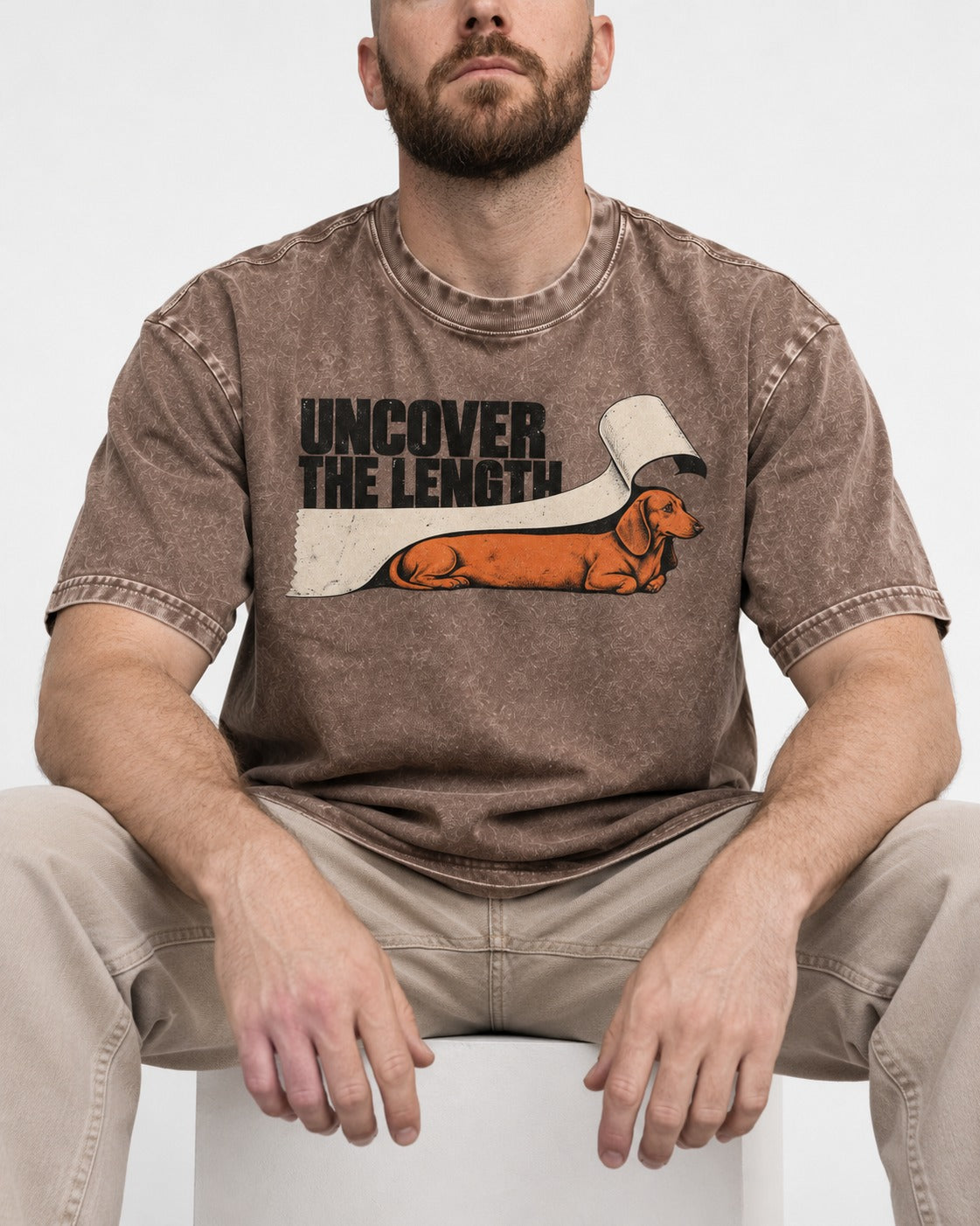 Uncover the Dachshund Length Washed Tee in Coffee, worn by a seated model