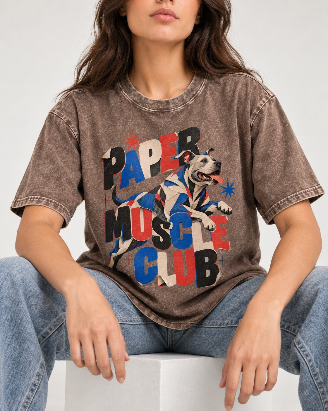 Pitbull Paper Muscle Club Collage Graphic Washed Tee in Coffee, worn by a seated model