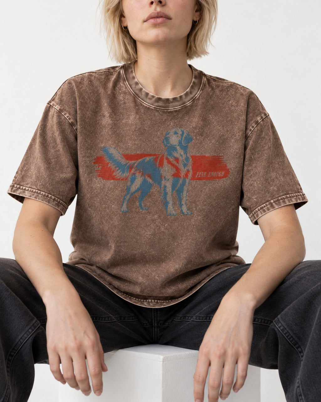 Fine Enough Golden Retriever Washed Tee in Coffee, worn by a seated model