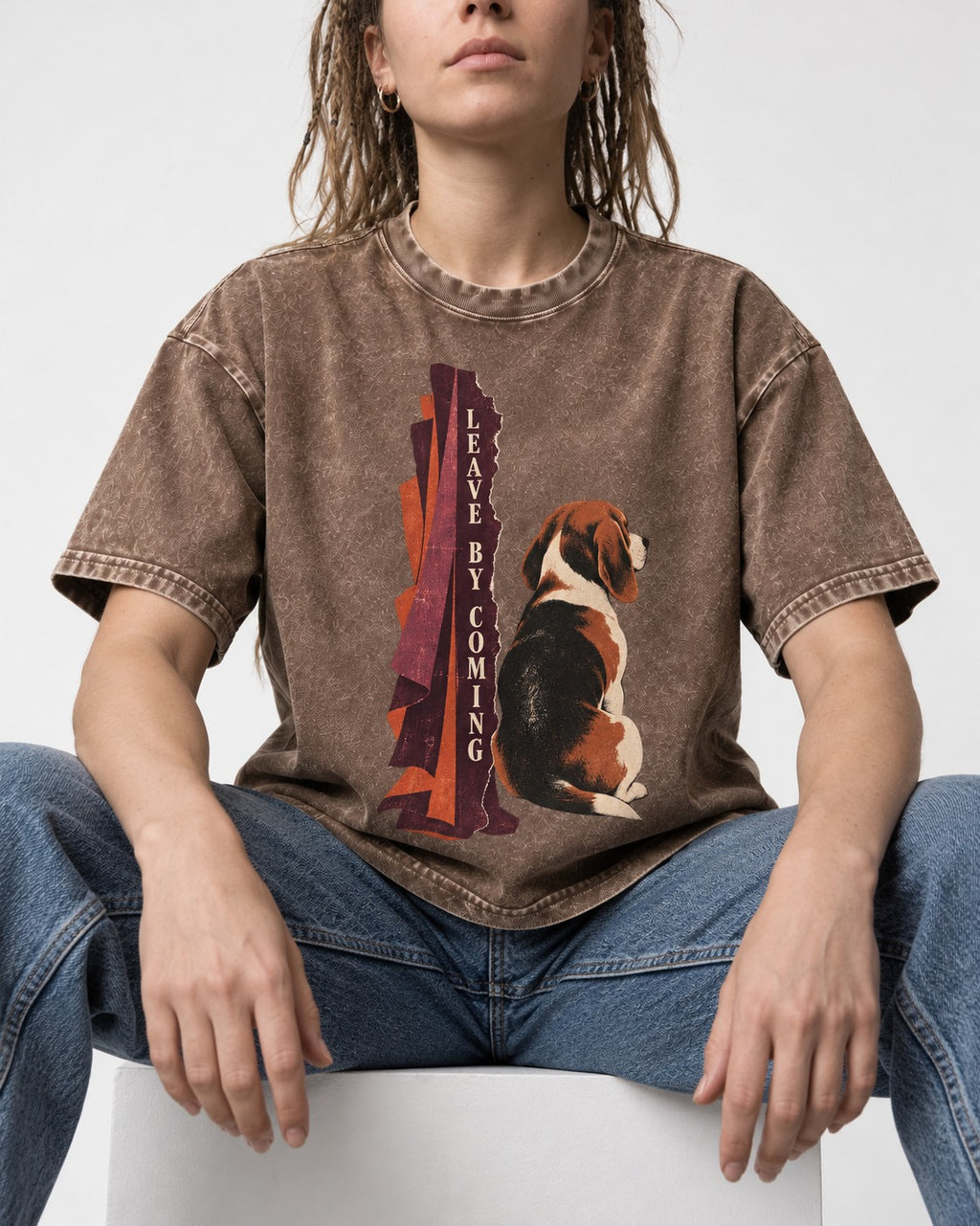 Leave By Coming Beagle Companion Washed Tee in Coffee, worn by a seated model