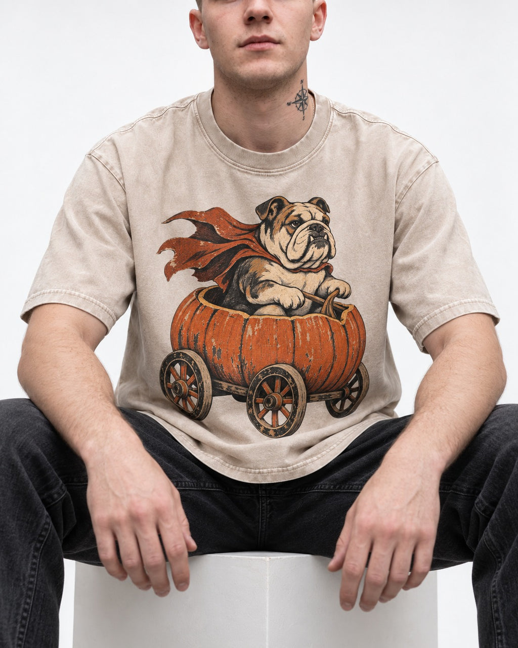 English Bulldog Midnight Magic Washed Tee in Apricot, worn by a seated model