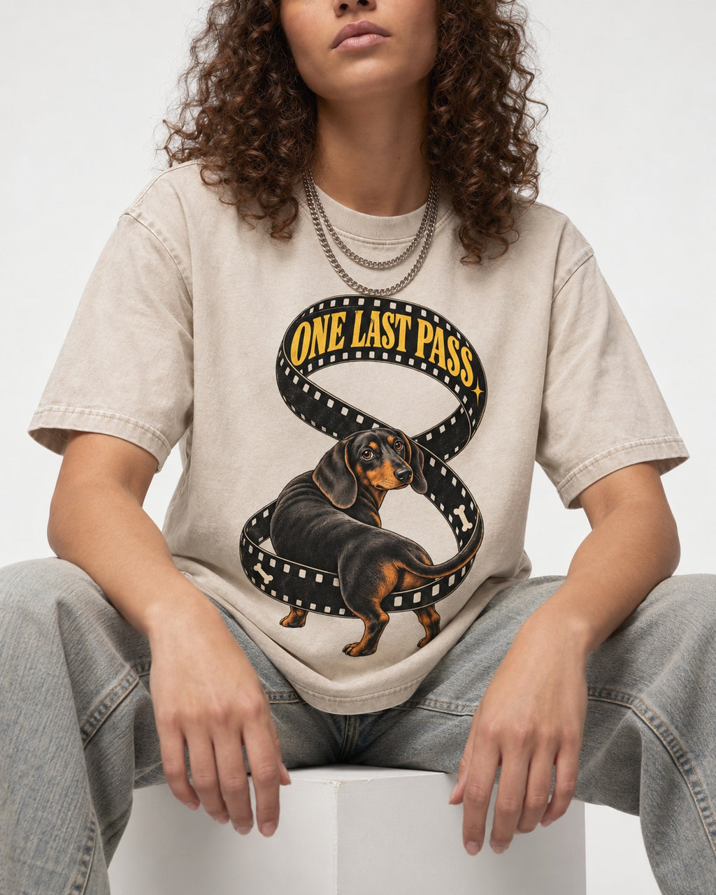 Dachshund's One Last Pass Washed Tee in Apricot, worn by a seated model