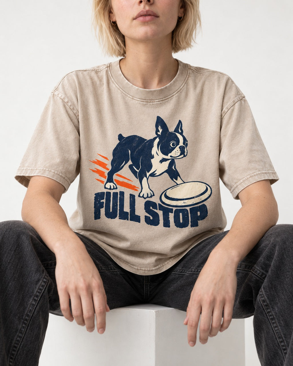 Boston Terrier Full Stop Washed Tee in Apricot, worn by a seated model