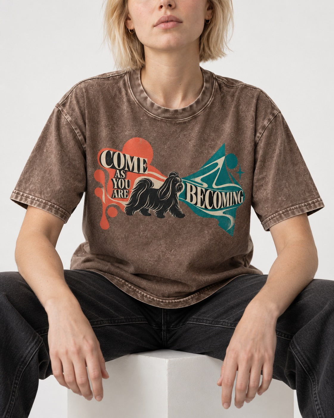 Come as You Are Shih Tzu Washed Tee in Coffee, worn by a seated model
