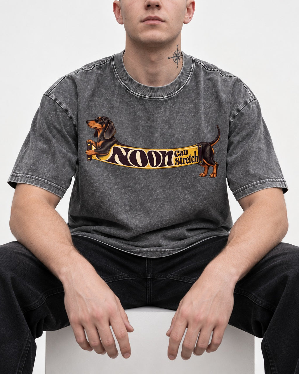 Dachshund Noon Can Stretch Sign Graphic Washed Tee in Gray, worn by a seated model
