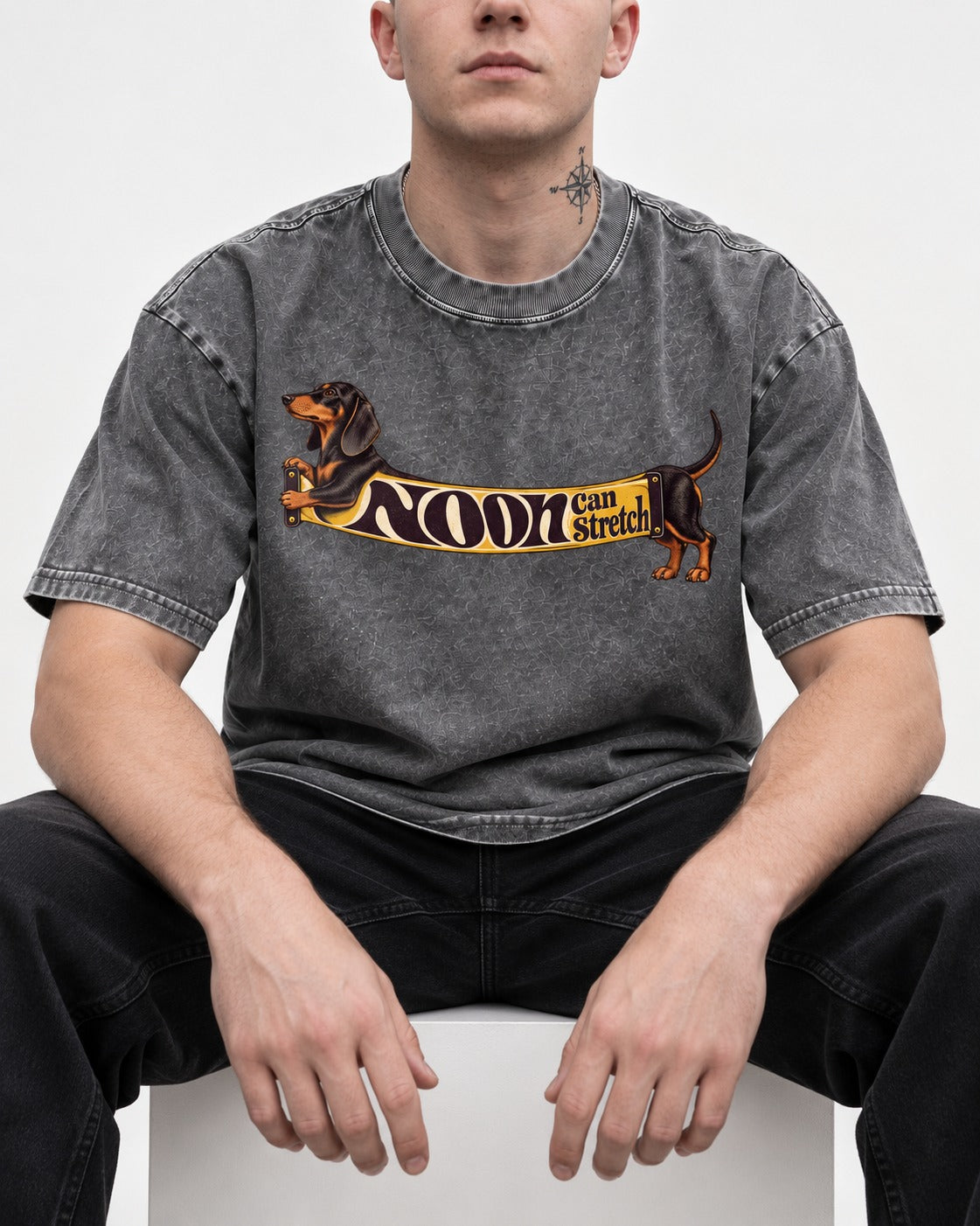 Dachshund Noon Can Stretch Sign Graphic Washed Tee in Gray, worn by a seated model