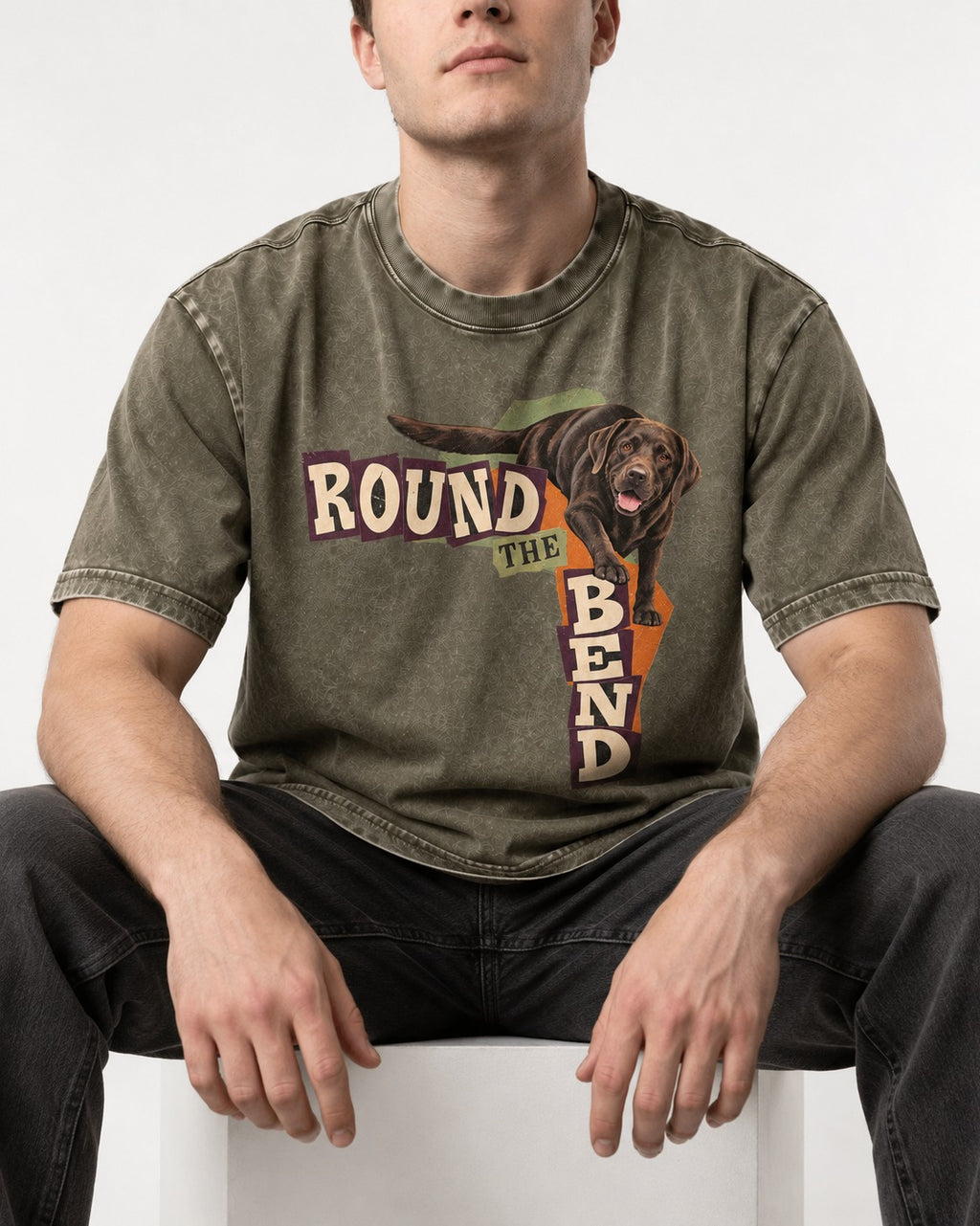 Labrador Retriever Round the Bend Collage Graphic Washed Tee in Army Green, worn by a seated model