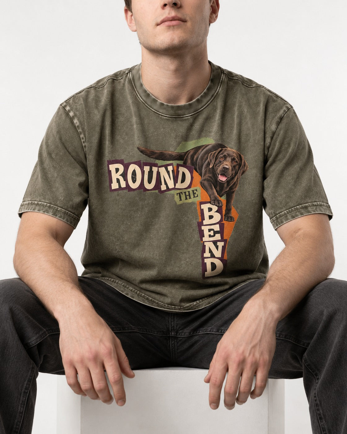 Labrador Retriever Round the Bend Collage Graphic Washed Tee in Army Green, worn by a seated model