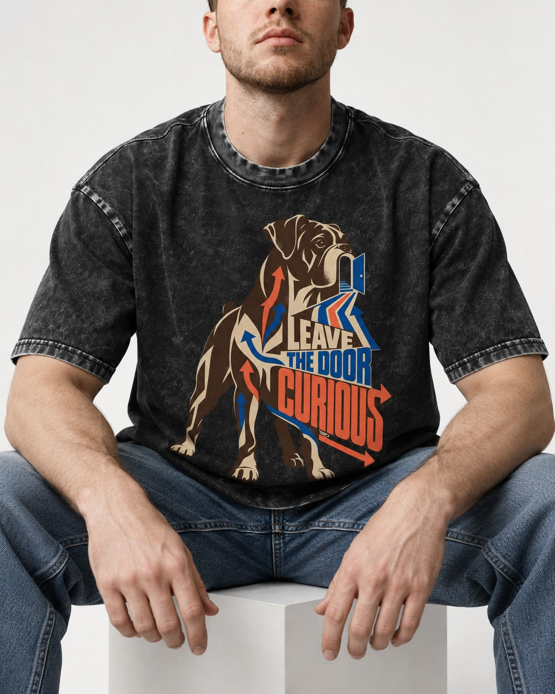 Leave the Door Curious Boxer Doorway Arrow Graphic Washed Tee in Black, worn by a seated model