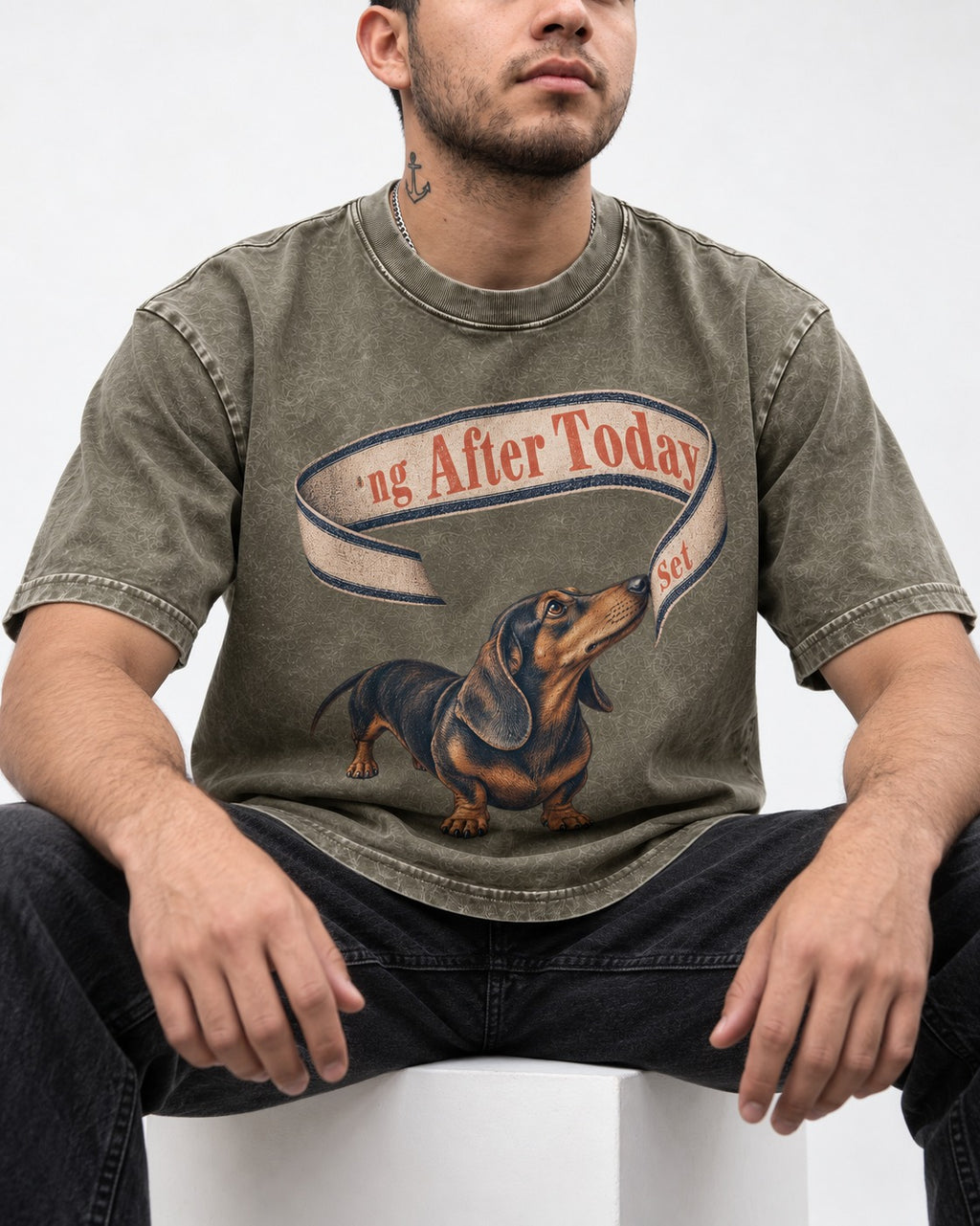Dachshund ng After Today Set Ribbon Graphic Washed Tee in Army Green, worn by a seated model