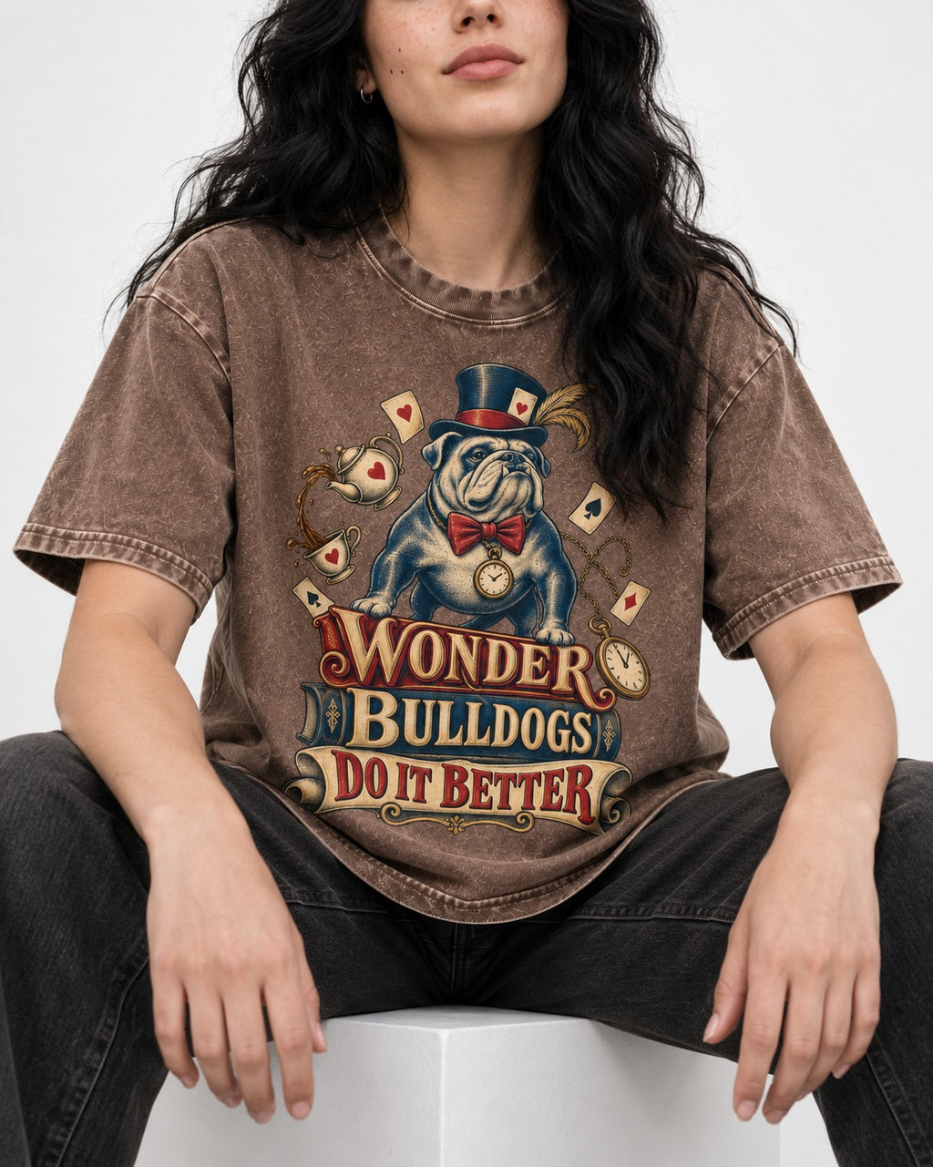 Wonder English Bulldog Washed Tee in Coffee, worn by a seated model