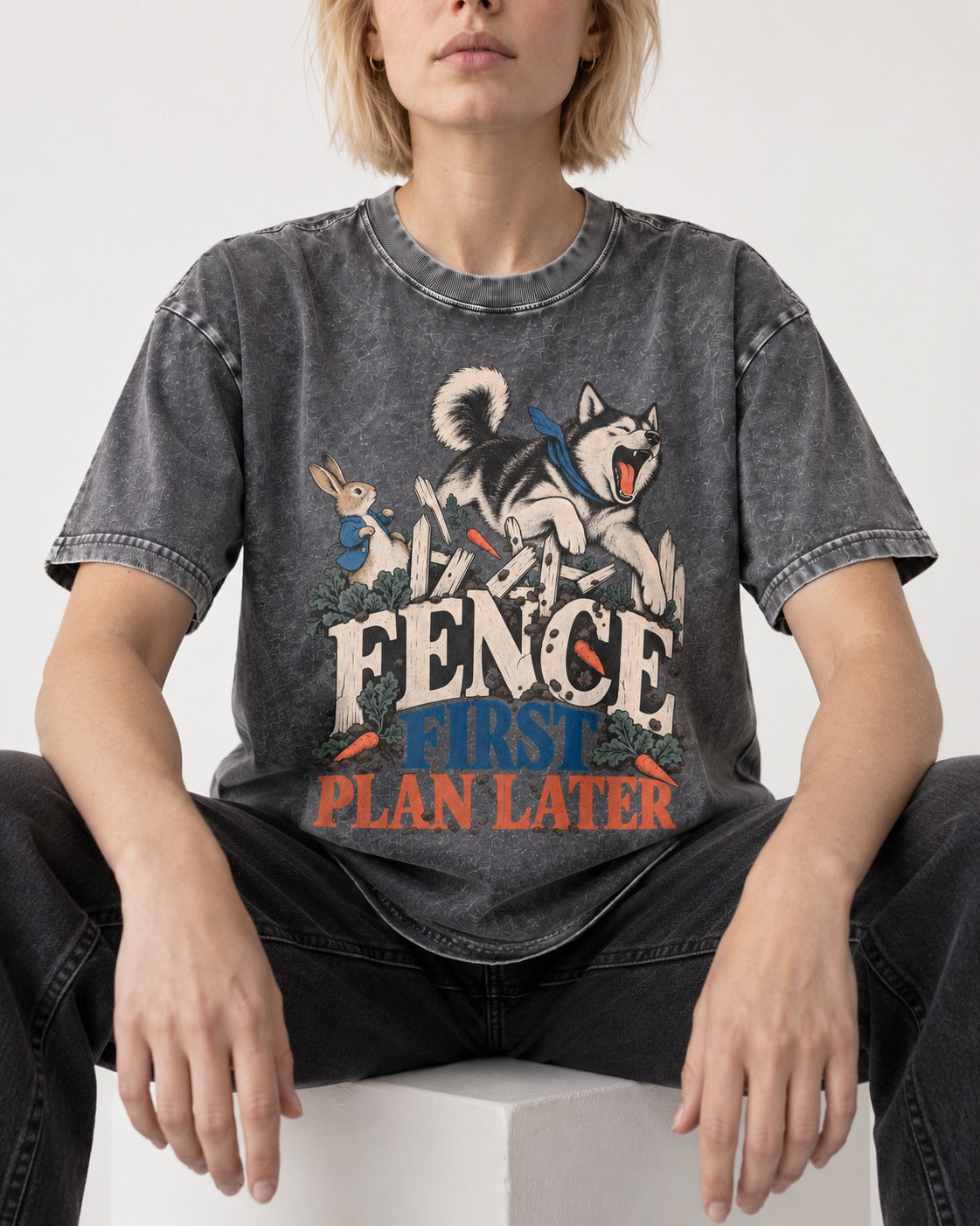 Husky Fence First Plan Later Garden Escape Graphic Washed Tee in Gray, worn by a seated model